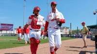St. Louis Cardinals starting pitcher Quinn Mathews (60) and catcher Pedro Pages (43) arrive to the dugout before theme against the New York Mets at Roger Dean Chevrolet Stadium.