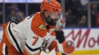 Anaheim Ducks defenseman Radko Gudas (7) gets set for a face off against the Toronto Maple Leafs during the first period at Scotiabank Arena.