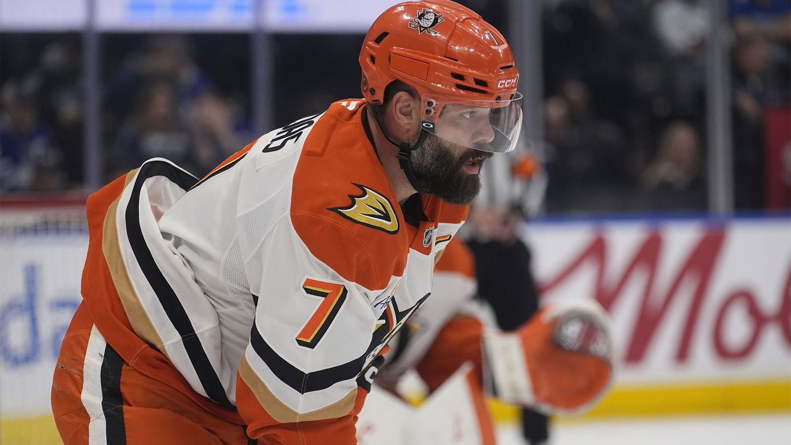 Anaheim Ducks defenseman Radko Gudas (7) gets set for a face off against the Toronto Maple Leafs during the first period at Scotiabank Arena.