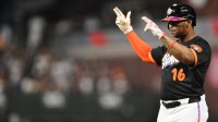 San Francisco Giants first baseman Rafael Devers (16) celebrates a single against the St. Louis Cardinals during the fourth inning at Oracle Park.