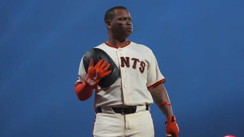 San Francisco Giants designated hitter Rafael Devers (16) walks towards the on deck circle against the New York Yankees in the eighth inning at Oracle Park.