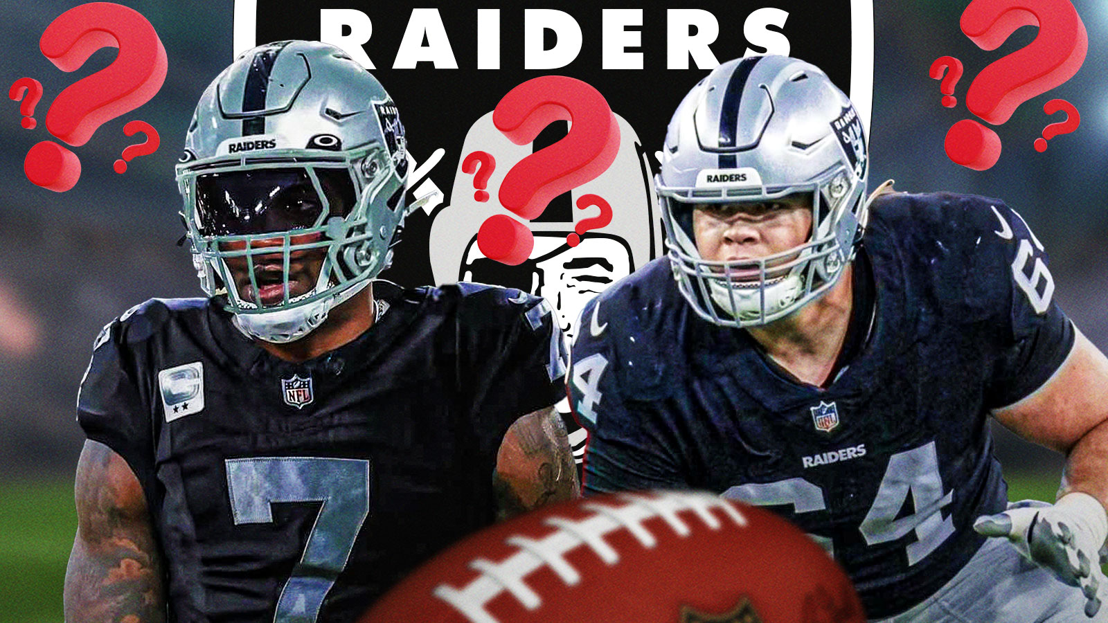 C Tyler Linderbaum and LB Quay Walker both in a Las Vegas Raiders uniforms. They are surrounded by question mark emojis. There is also a logo for the Las Vegas Raiders in the background.
