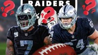 C Tyler Linderbaum and LB Quay Walker both in a Las Vegas Raiders uniforms. They are surrounded by question mark emojis. There is also a logo for the Las Vegas Raiders in the background.