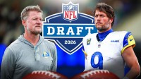 Les Snead on left. NFL Draft logo in middle. Matthew Stafford on right