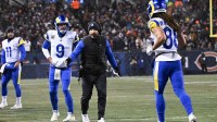 Los Angeles Rams head coach Sean McVay, center, during an NFC Divisional Round game against the Chicago Bears at Soldier Field.