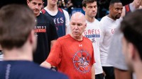 Saint Mary's Gaels head coach Randy Bennett speaks to the team during a practice session ahead of the first round of the men's 2026 NCAA Tournament at Paycom Center.
