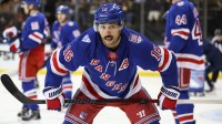 New York Rangers center Vincent Trocheck (16) prepares for a face off in the first period against the Tampa Bay Lightning at Madison Square Garden. Mandatory Credit: