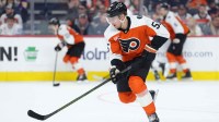 Philadelphia Flyers defenseman Rasmus Ristolainen (55) controls the puck against the Los Angeles Kings in the third period at Xfinity Mobile Arena.