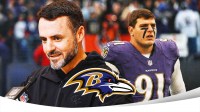Ravens head coach Jesse Minter (in Ravens gear) next to Trey Hendrickson (ravens uniform wearing #91) Ravens logo in front