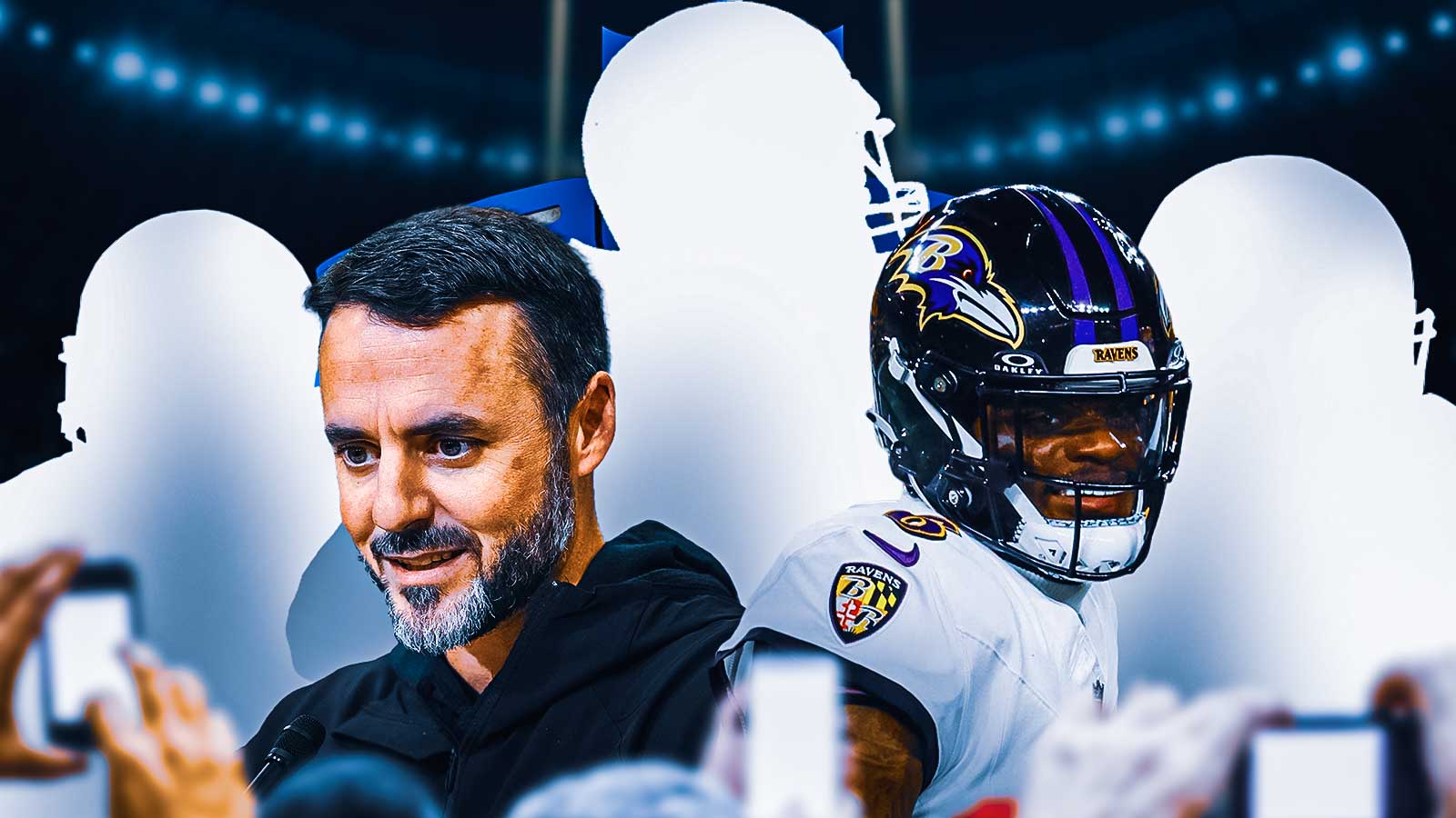 Coach Jesse Minter and Lamar Jackson beside each other, 3 mystery players around them, NFL Draft logo in the background