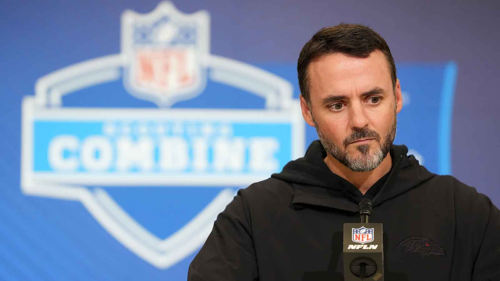 Baltimore Ravens coach Jesse Minter speaks at the NFL Scouting Combine at the Indiana Convention Center.