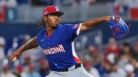 Dominican Republic pitcher Brayan Bello (66) delivers a pitch against Israel during the first inning at loanDepot Park.