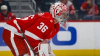 Detroit Red Wings goaltender John Gibson (36) tends goal in the first period against the Buffalo Sabres at Little Caesars Arena.
