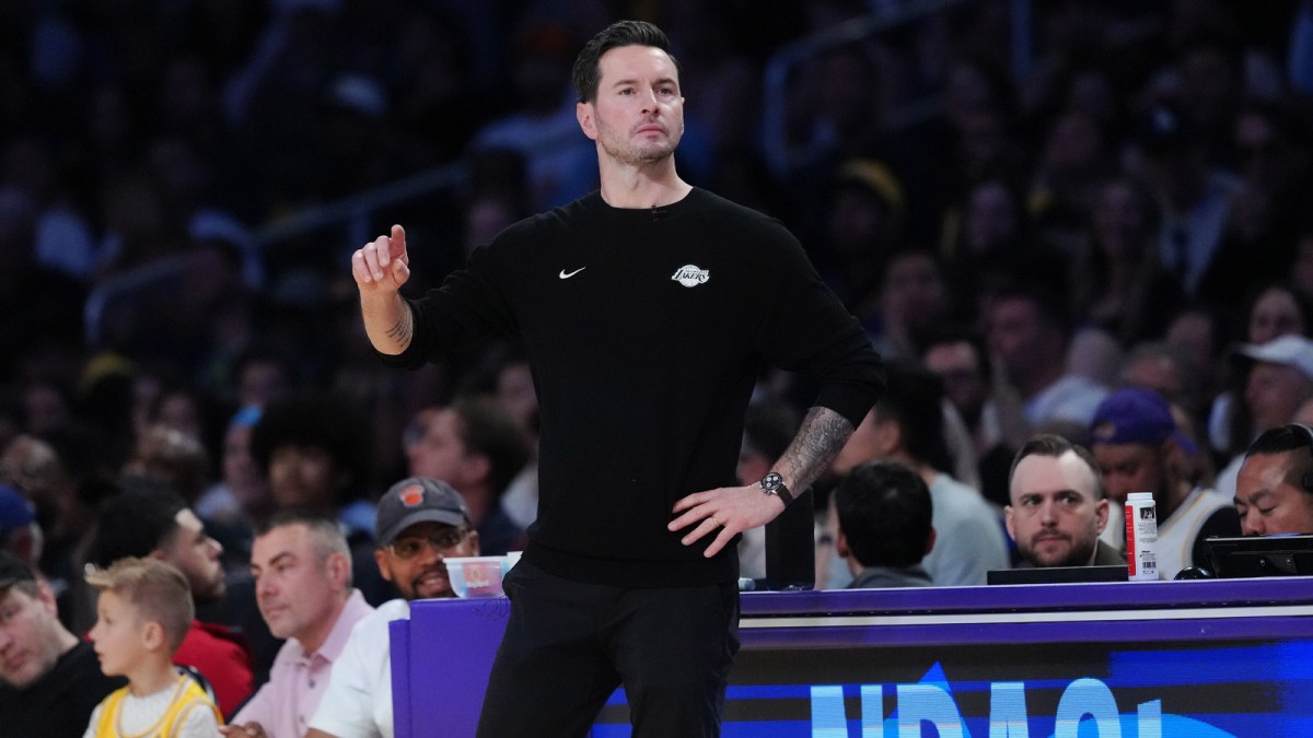 Los Angeles Lakers head coach JJ Redick watches against the New York Knicks in the first half at Crypto.com Arena.