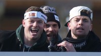 Philadelphia Eagles safety Reed Blankenship (32), tight end Dallas Goedert (88) and cornerback Cooper DeJean (33) during the Super Bowl LIX championship parade and rally.