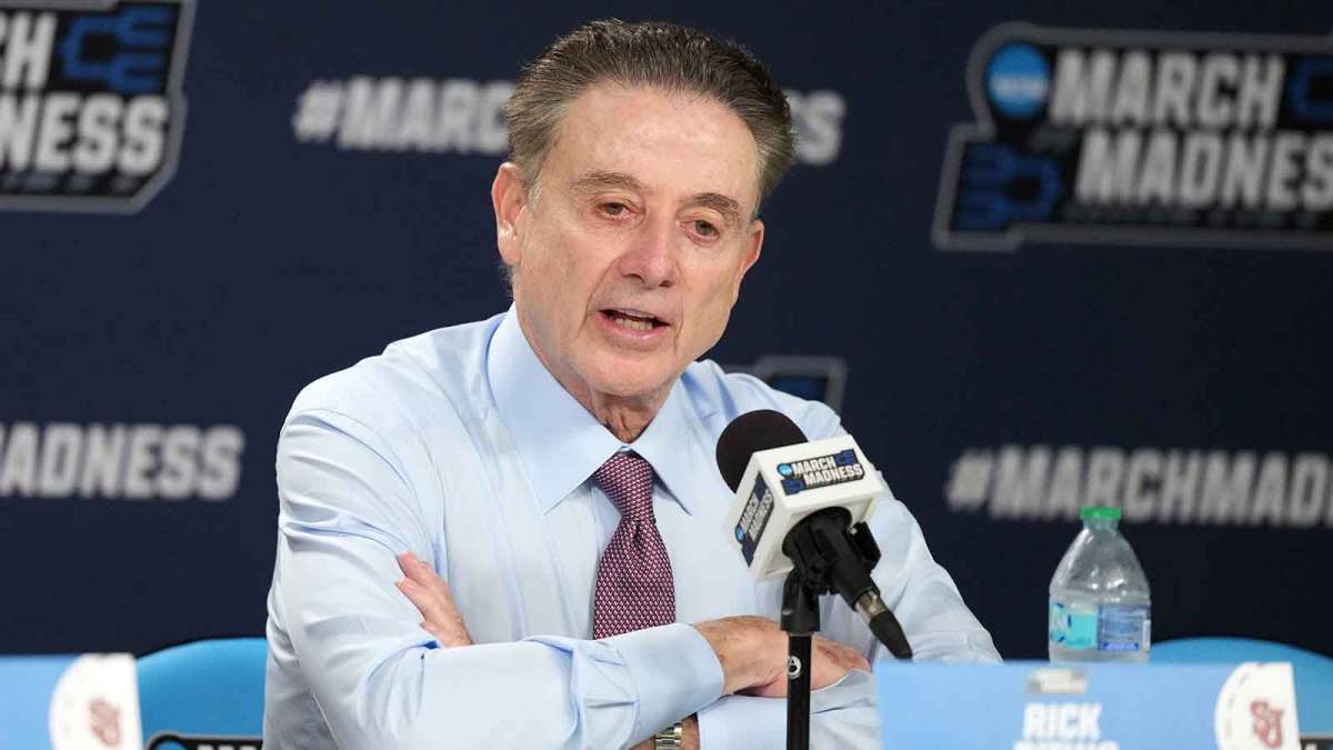 St. John's Red Storm head coach Rick Pitino talks in a press conference after a first round game of the men's 2026 NCAA Tournament against the Northern Iowa Panthers at Viejas Arena.