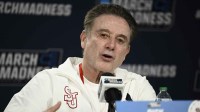 St. John's Red Storm head coach Rick Pitino speaks at a press conference ahead of the first round of the men's 2026 NCAA Tournament at Viejas Arena.