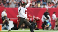 Tampa Bay Buccaneers punter Riley Dixon (9) kicks a ball during the second quarter against the New England Patriots at Raymond James Stadium.