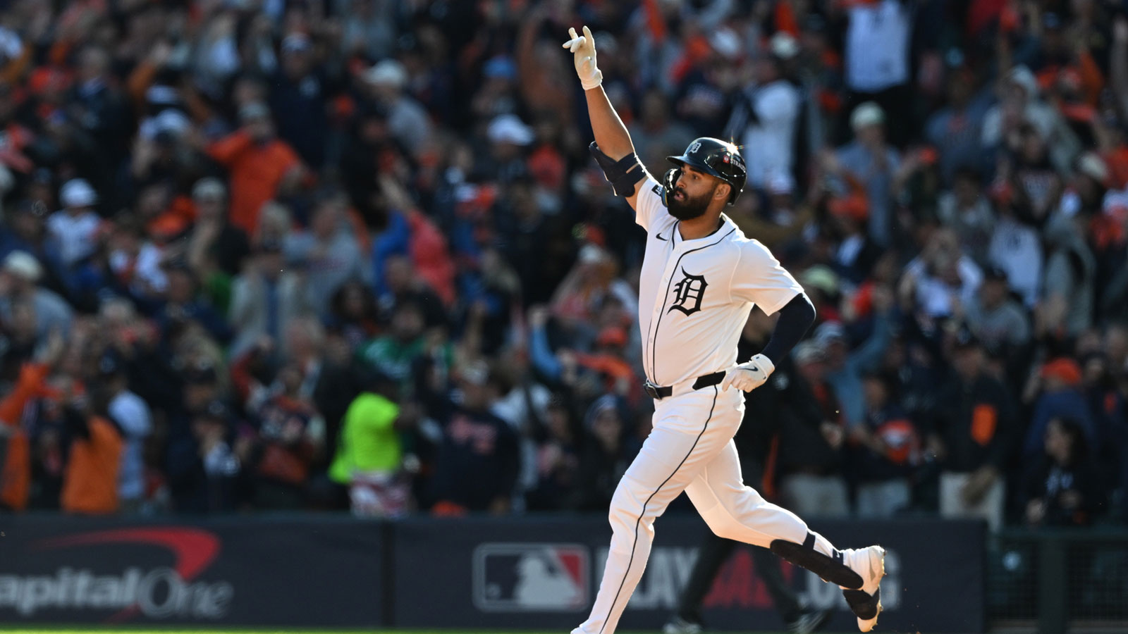 Detroit Tigers left fielder Riley Greene (31) reacts as he rounds the bases after hitting a solo home run in the sixth inning against the Seattle Mariners during game four of the ALDS round for the 2025 MLB playoffs at Comerica Park.