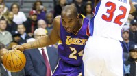 Nov 17, 2010; Auburn Hills, MI, USA; Los Angeles Lakers shooting guard Kobe Bryant (24) drives on Detroit Pistons shooting guard Richard Hamilton (32) during the NBA game at The Palace of Auburn Hills. Mandatory Credit: Rick Osentoski-Imagn Images