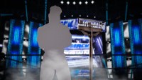 Silhouette of WWE Superstar Trick Williams with a weight scale and Friday Night SmackDown arena background.