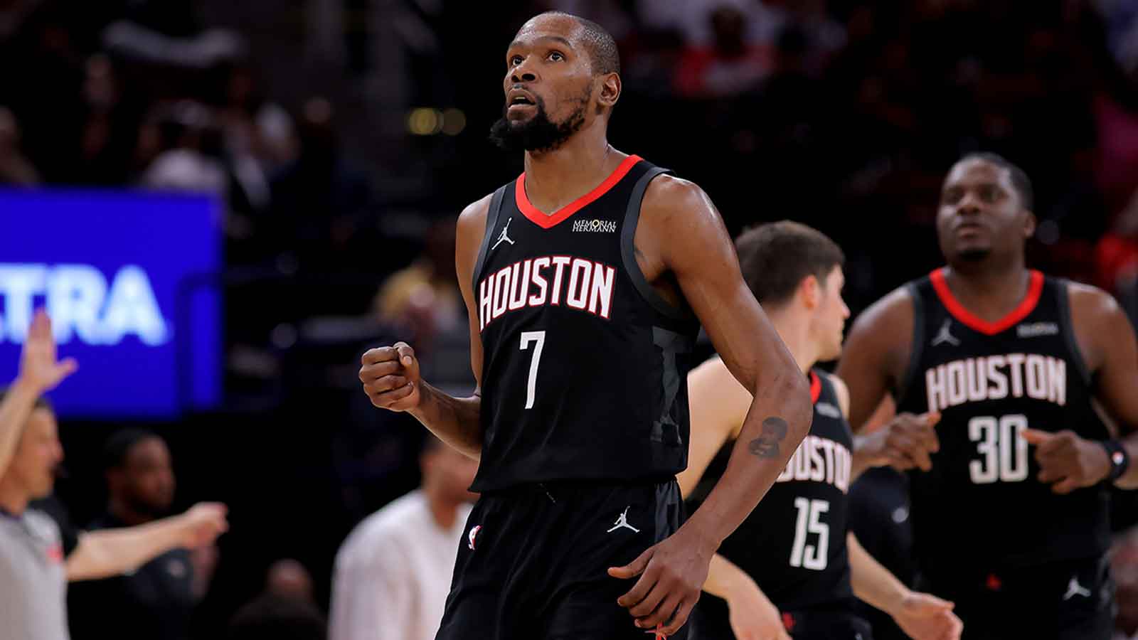 Rockets forward Kevin Durant (7) reacts after a made basket against the New Orleans Pelicans during the third quarter at Toyota Center