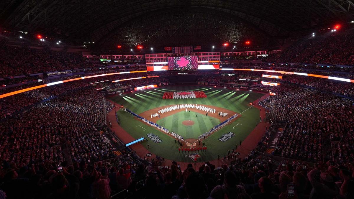A general view inside the stadium during the national anthems prior to game one of the 2025 MLB World Series between the Los Angeles Dodgers and the Toronto Blue Jays at Rogers Centre.