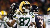 Green Bay Packers wide receiver Romeo Doubs (87) celebrates a first down reception against the Chicago Bears in the fourth quarter during their wild-card playoff football game Saturday, January 10, 2026, at Soldier Field in Chicago, Illinois.