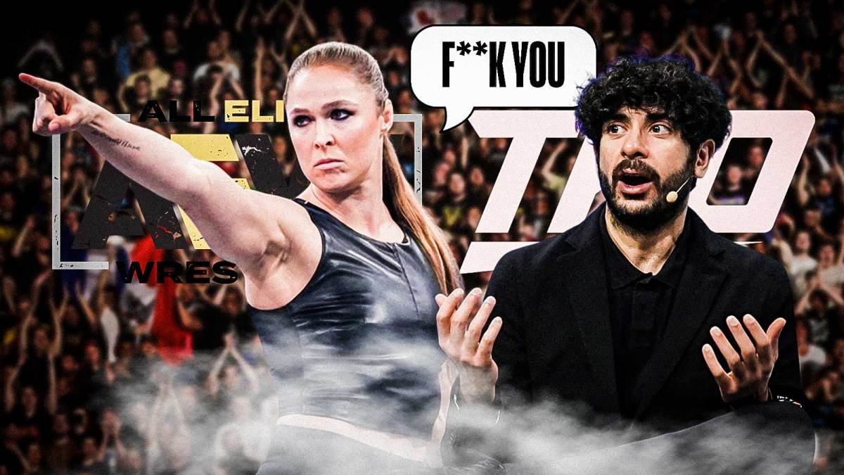 Ronda Rousey with Tony Khan, AEW and TKO Logos in the background