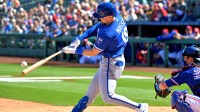 Kansas City Royals second baseman Michael Massey (19) hits a two-run home run in the second inning against the Texas Rangers at Surprise Stadium.