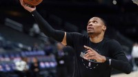 Sacramento Kings guard Russell Westbrook (18) takes a shot before a game against the Washington Wizards at Capital One Arena.