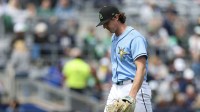 Tampa Bay Rays starting pitcher Ryan Pepiot (44) walks off the field after pitching against the New York Yankees in the third inning during spring training at Charlotte Sports Park