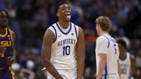 Kentucky Wildcats forward Brandon Garrison (10) reacts after a three point basket against the Louisiana State Tigers during the second half at Bridgestone Arena.