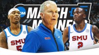 SMU guards Jaron Pierre and Boopie Miller and SMU coach Andy Enfield March Madness logo in front