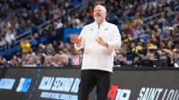 Saint Louis Billikens head coach Josh Schertz reacts in the second half against the Michigan Wolverines during a second round game of the men's 2026 NCAA Tournament at Keybank Center.