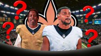 Running back Travis Etienne Jr. and tight end Noah Fant both wearing New Orleans Saints uniforms. They are surrounded by question mark emojis. There is also a logo for the New Orleans Saints in the background.