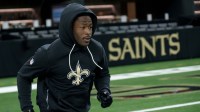 New Orleans Saints running back Alvin Kamara (41) runs before a game against the San Francisco 49ers at Caesars Superdome.