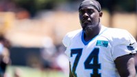 Carolina Panthers defensive tackle Sam Roberts (74) walks off after practice during training camp.