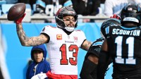 Tampa Bay Buccaneers wide receiver Mike Evans (13) reacts after a touchdown during the first half against the Carolina Panthers at Bank of America Stadium.