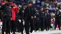 San Francisco 49ers head coach Kyle Shanahan on the sidelines against the Seattle Seahawks during the first half in an NFC Divisional Round game at Lumen Field.
