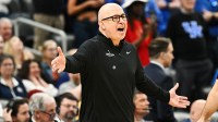 Santa Clara Broncos head coach Herb Sendek reacts against the Kentucky Wildcats during the second half of a first round game of the men's 2026 NCAA Tournament at Enterprise Center.