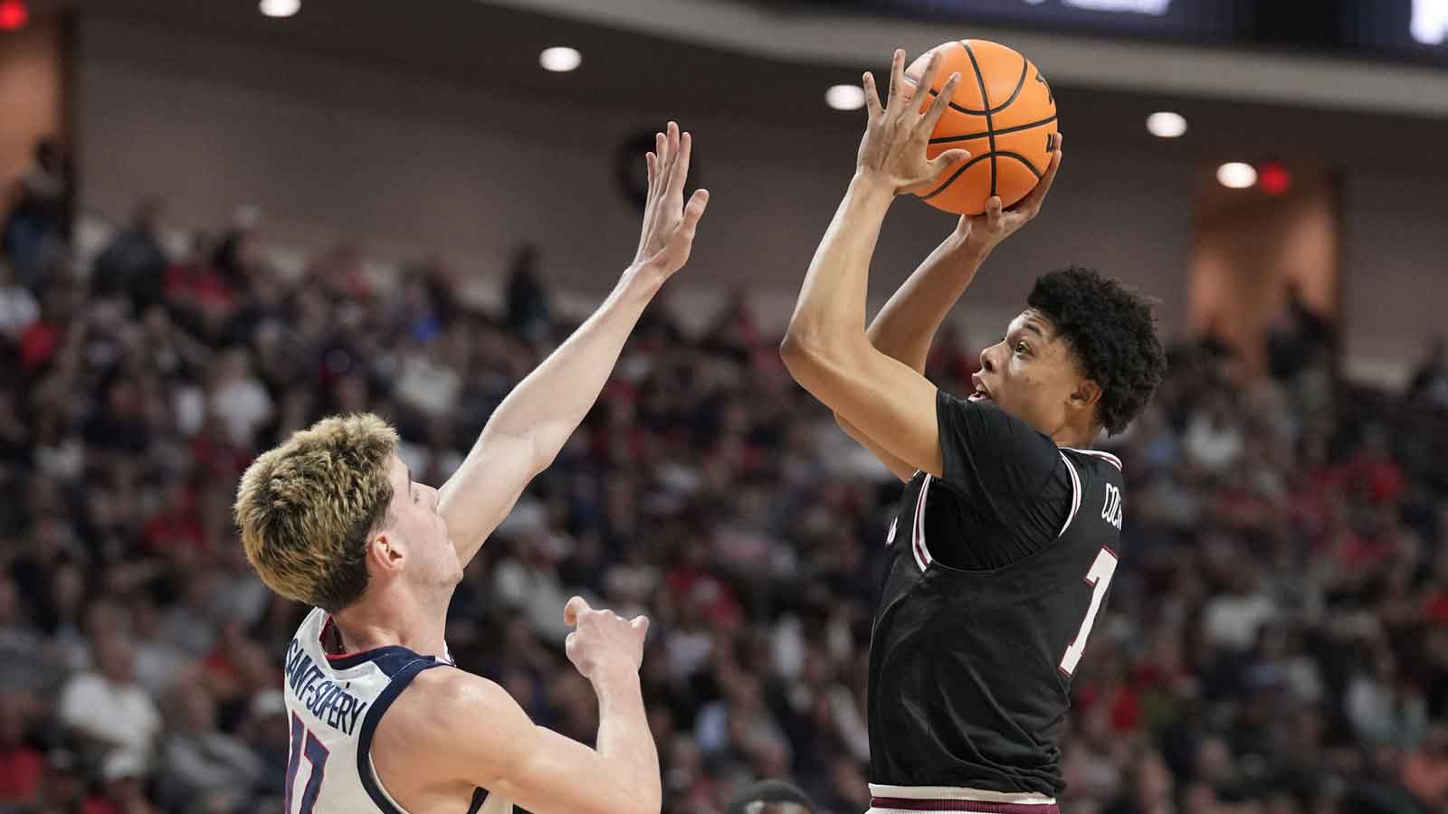 Santa Clara Broncos guard KJ Cochran (7) shoots the basketball against Gonzaga Bulldogs guard Mario Saint-Supery (17) during the second half at Orleans Arena.