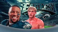 Saquon Barkley and Logan Paul; Background - Eagles logo
