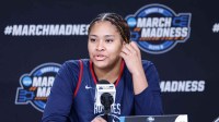 UConn Huskies forward Sarah Strong (21) speaks during a press conference ahead of an NCAA Tournament Elite 8 game against the Notre Dame Fighting Irish at Dickies Arena.