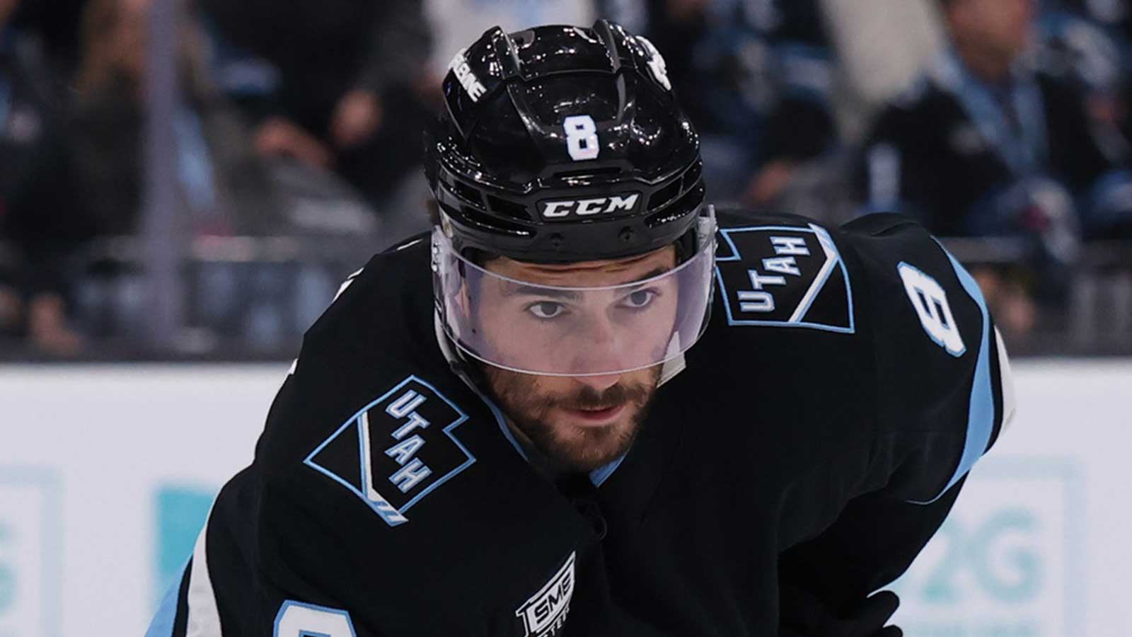 Utah Mammoth center Nick Schmaltz (8) waits for the play against the Colorado Avalanche during the first period at Delta Center.