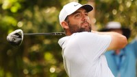 Scottie Scheffler tees off on the 15th hole during the first round of The Players Championship golf tournament at TPC Sawgrass