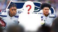 Notre Dame RB Jadarian Price and Washington WR Denzel Boston in Seattle Seahawks uniforms. They are next to a silhouette of an American football player with a big question mark emoji inside. There is also a logo for the Seattle Seahawks in the background.