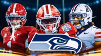 Alabama CB Domani Jackson, Indiana RB Kaelon Black and Arizona State Treydan Stukes Seahawks logo in front