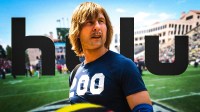 Glen Powell as Chad Powers in the Hulu season, which just wrapped Season 2, with college football field background.