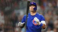 Chicago Cubs right fielder Seiya Suzuki (27) reacts after a strikeout against the Atlanta Braves in the ninth inning at Truist Park.